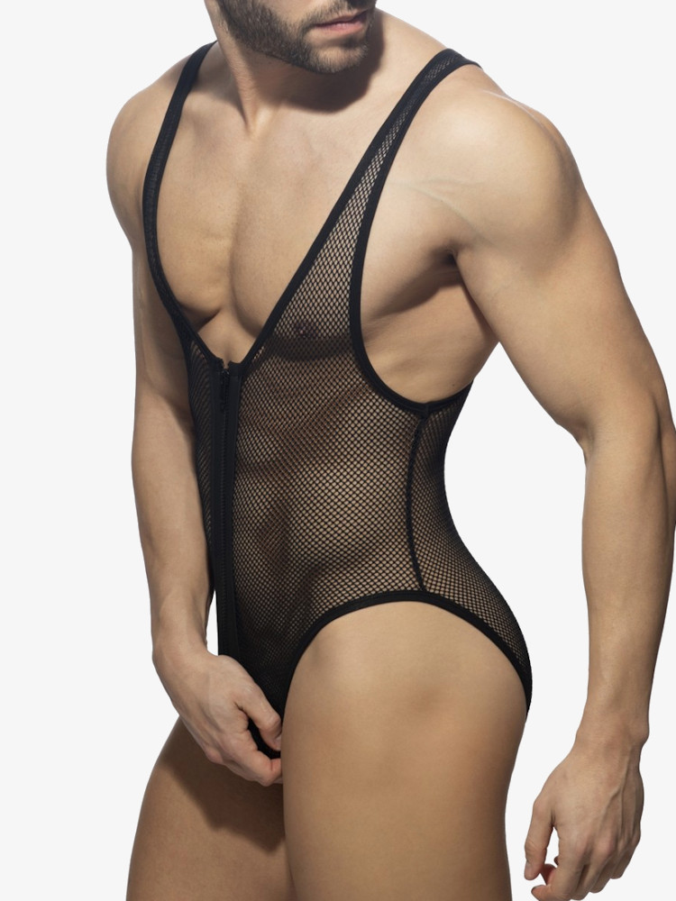 Addicted Fetish Adf156 Zip Mesh Bodysuit Black 1