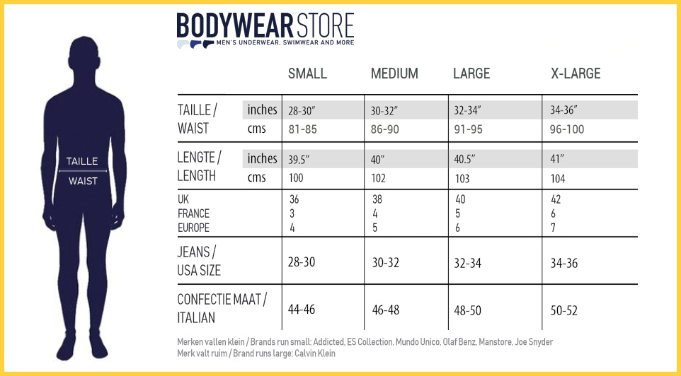 Maattabel Heren Ondergoed Size Chart Mens Underwear BWS New