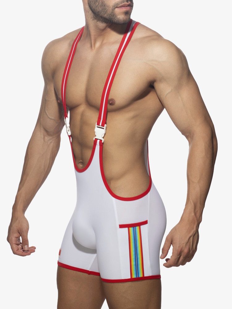 Addicted Ads322 Rainbow Tape Wrestling Suit White 3