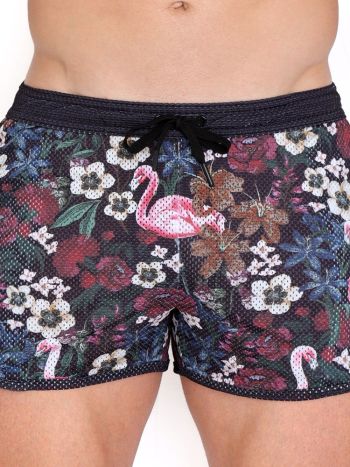 Skull & Bones Floral Flamingo Mesh Short