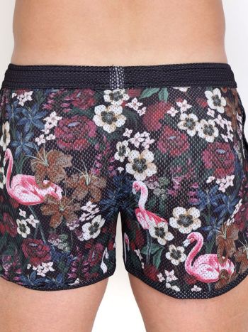 Skull & Bones Floral Flamingo Mesh Short