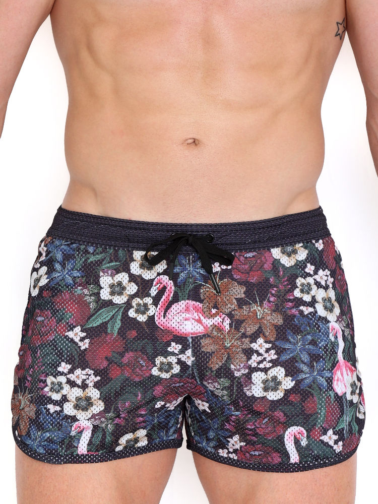 Skull & Bones Floral Flamingo Mesh Short